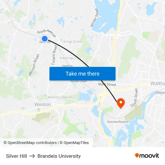 Silver Hill to Brandeis University map