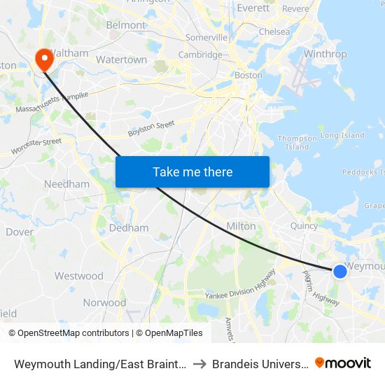 Weymouth Landing/East Braintree to Brandeis University map