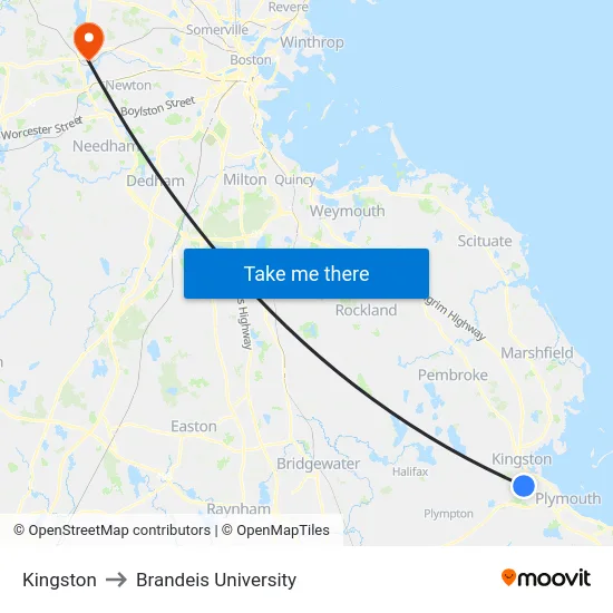 Kingston to Brandeis University map
