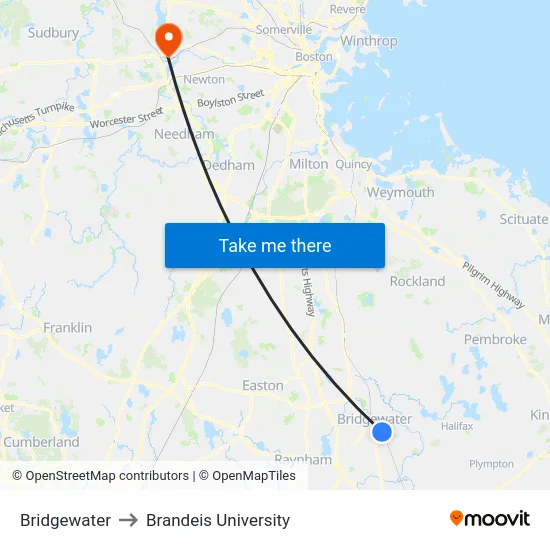 Bridgewater to Brandeis University map