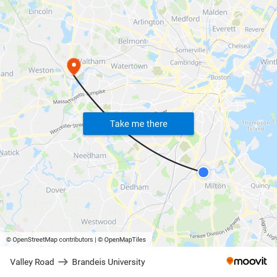 Valley Road to Brandeis University map