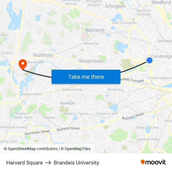 Harvard Square to Brandeis University map