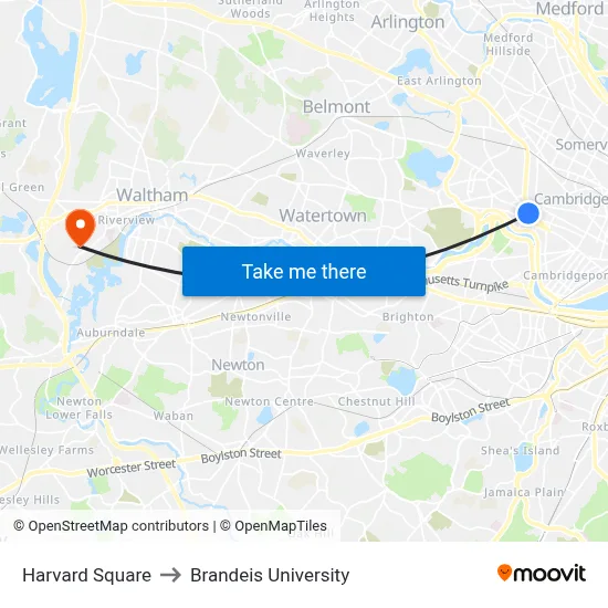 Harvard Square to Brandeis University map