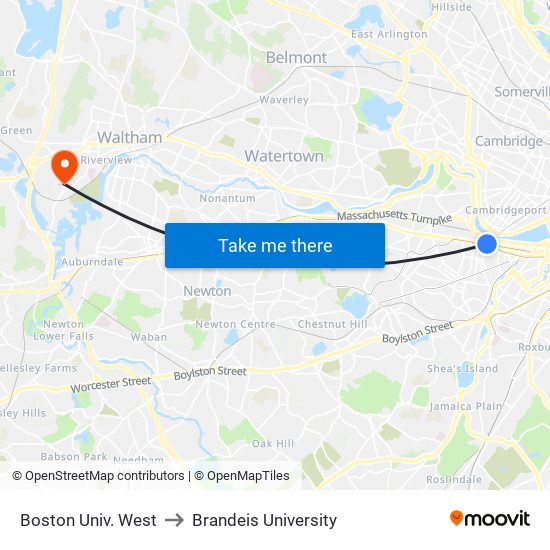 Boston Univ. West to Brandeis University map