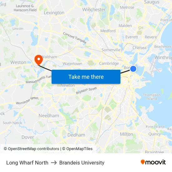 Long Wharf North to Brandeis University map