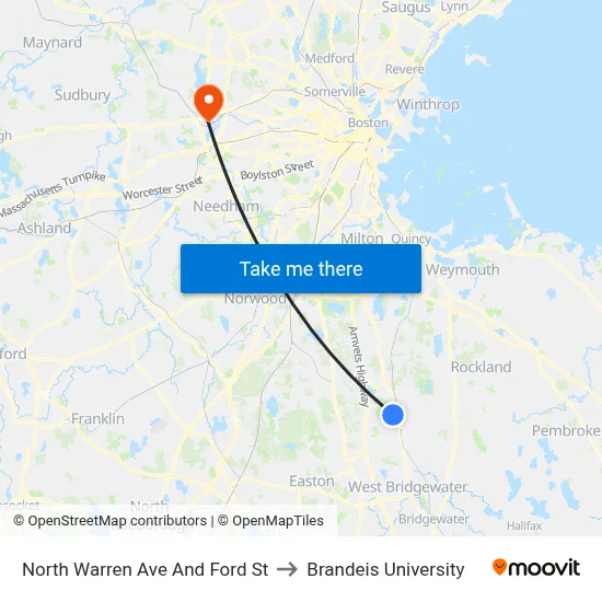 North Warren Ave And Ford St to Brandeis University map