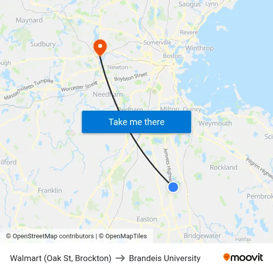 Walmart (Oak St, Brockton) to Brandeis University map