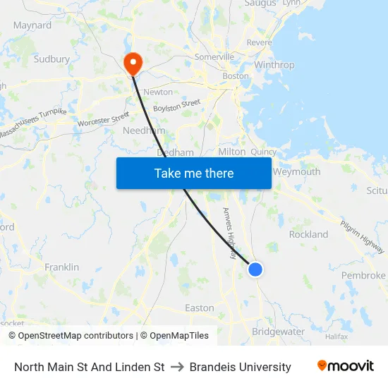North Main St And Linden St to Brandeis University map
