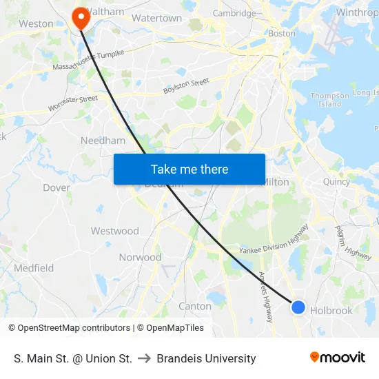 S. Main St. @ Union St. to Brandeis University map