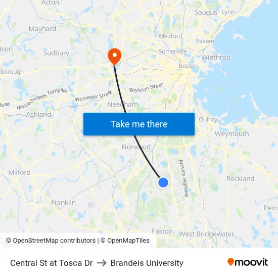 Central St at Tosca Dr to Brandeis University map