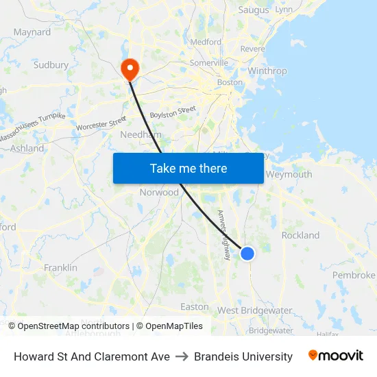 Howard St And Claremont Ave to Brandeis University map