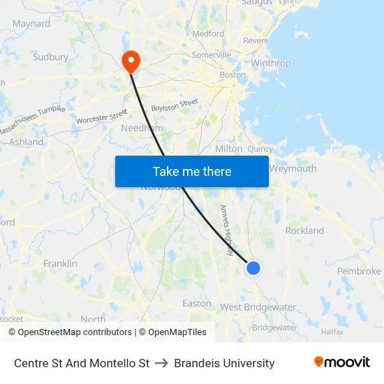 Centre St And Montello St to Brandeis University map