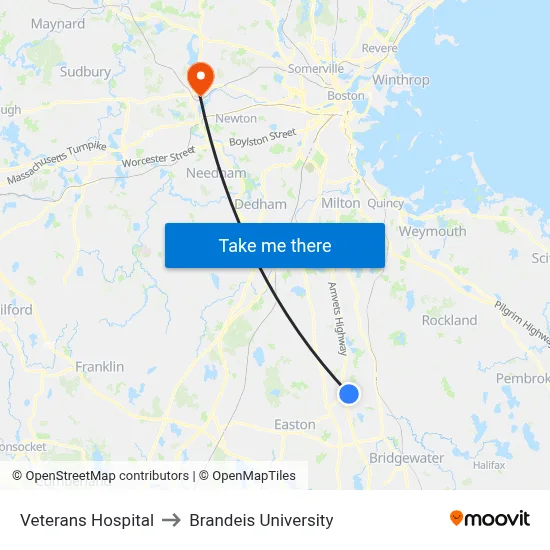 Veterans Hospital to Brandeis University map