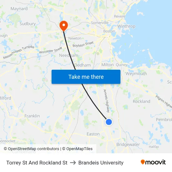 Torrey St And Rockland St to Brandeis University map