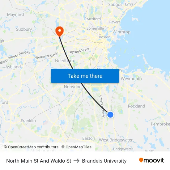 North Main St And Waldo St to Brandeis University map