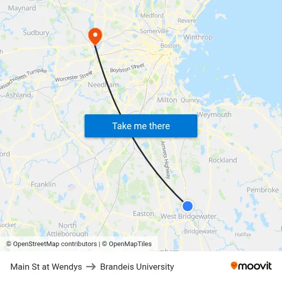 Main St at Wendys to Brandeis University map