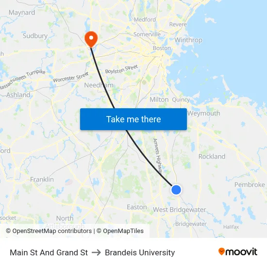Main St And Grand St to Brandeis University map