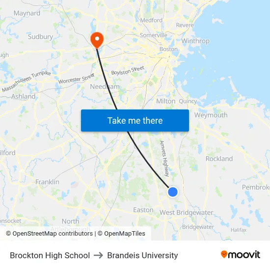Brockton High School to Brandeis University map