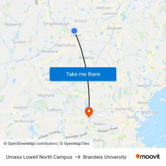 Umass Lowell North Campus to Brandeis University map
