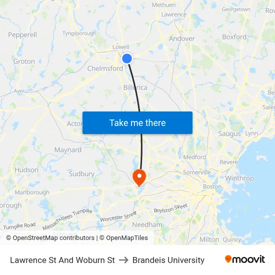 Lawrence St And Woburn St to Brandeis University map