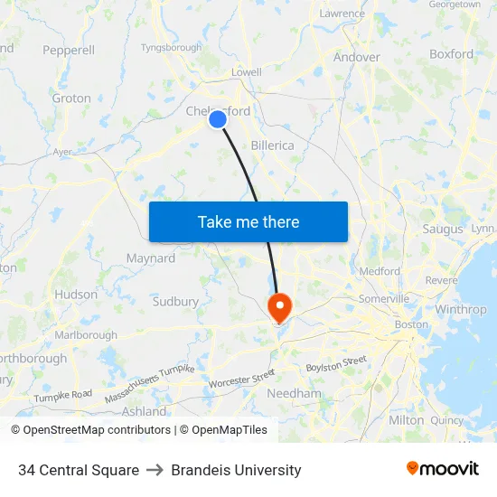 34 Central Square to Brandeis University map