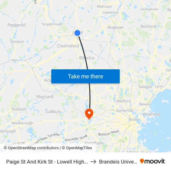 Paige St And Kirk St - Lowell High School to Brandeis University map