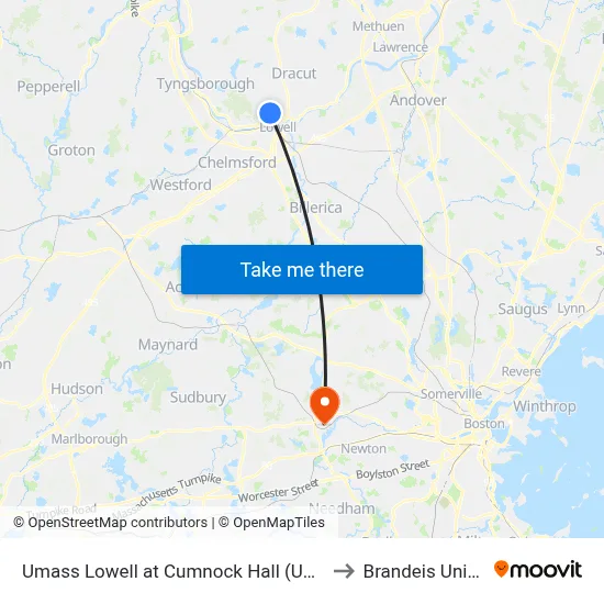 Umass Lowell at Cumnock Hall (University Ave) to Brandeis University map