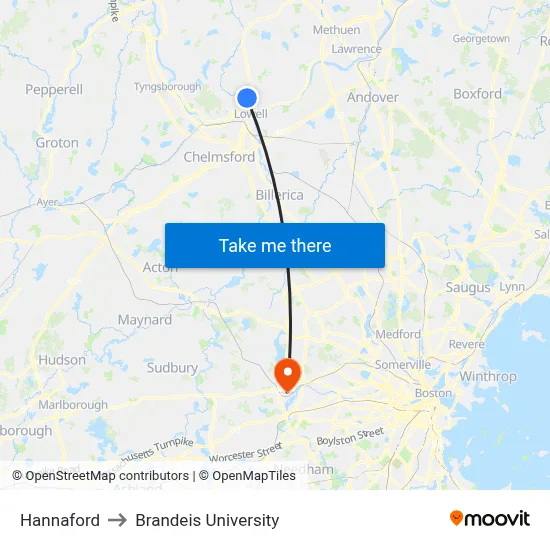 Hannaford to Brandeis University map
