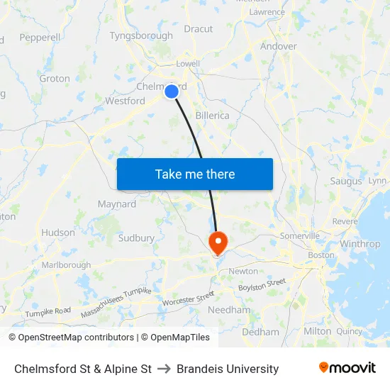 Chelmsford St & Alpine St to Brandeis University map