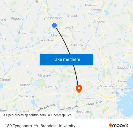 180 Tyngsboro to Brandeis University map