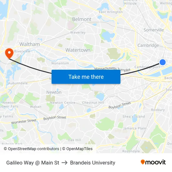 Galileo Way @ Main St to Brandeis University map