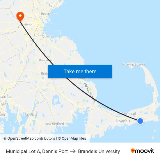 Municipal Lot A, Dennis Port to Brandeis University map