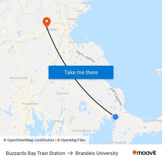 Buzzards Bay Train Station to Brandeis University map