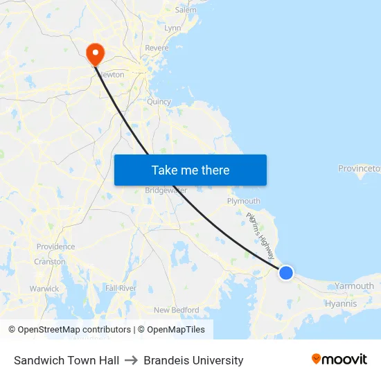 Sandwich Town Hall to Brandeis University map