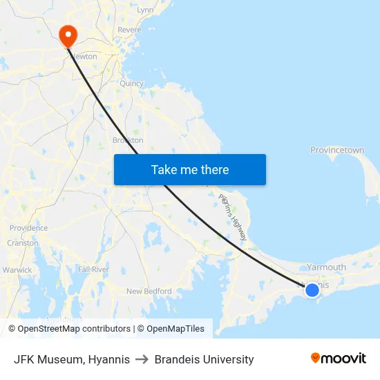 JFK Museum, Hyannis to Brandeis University map