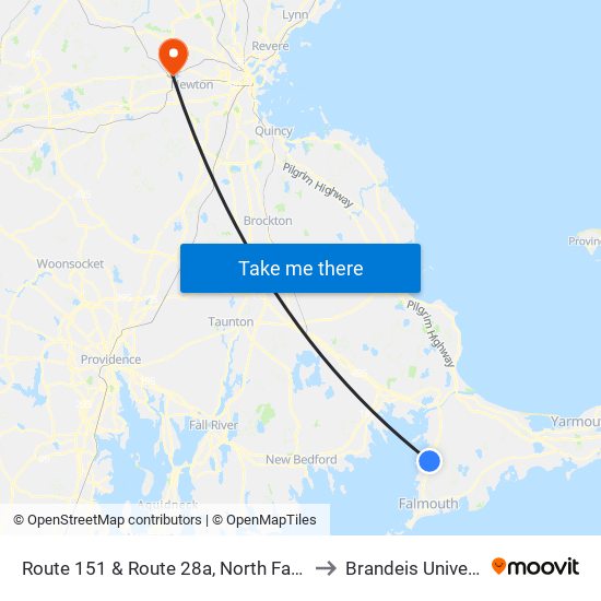 Route 151 & Route 28a, North Falmouth to Brandeis University map