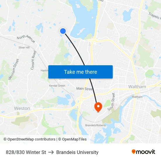 828/830 Winter St to Brandeis University map