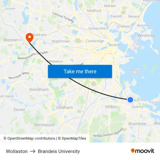 Wollaston to Brandeis University map