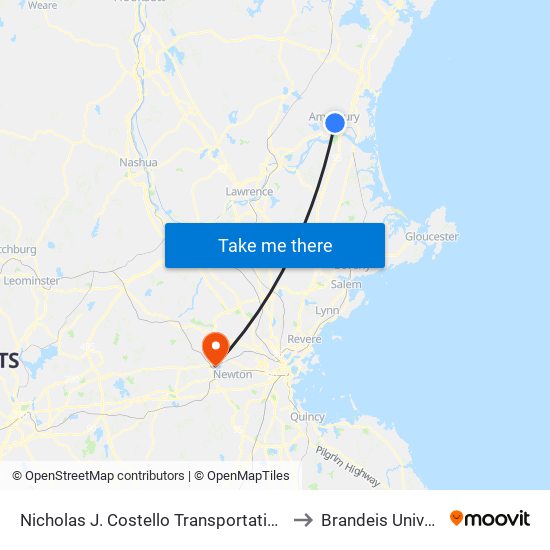Nicholas J. Costello Transportation Center to Brandeis University map