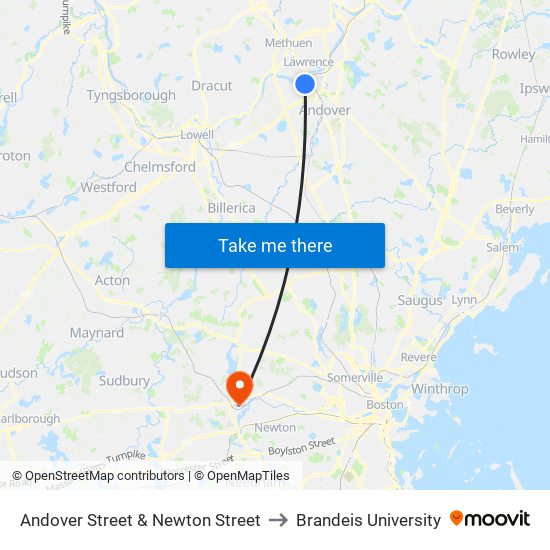 Andover Street & Newton Street to Brandeis University map