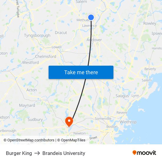 Burger King to Brandeis University map