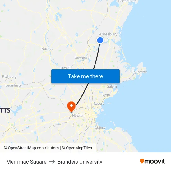 Merrimac Square to Brandeis University map
