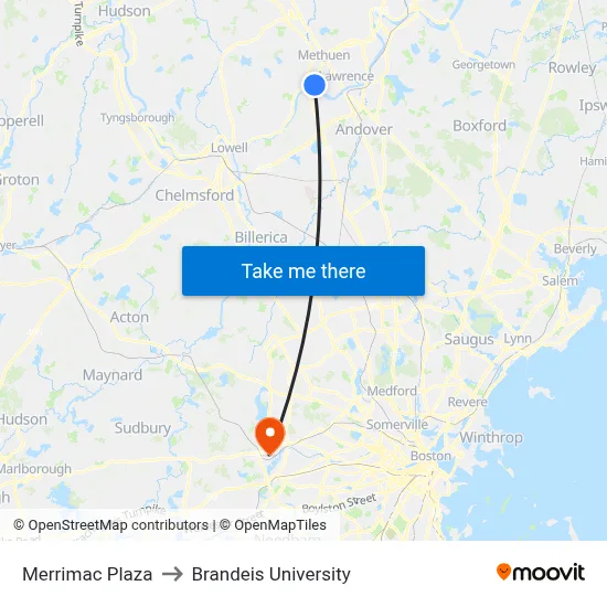 Merrimac Plaza to Brandeis University map