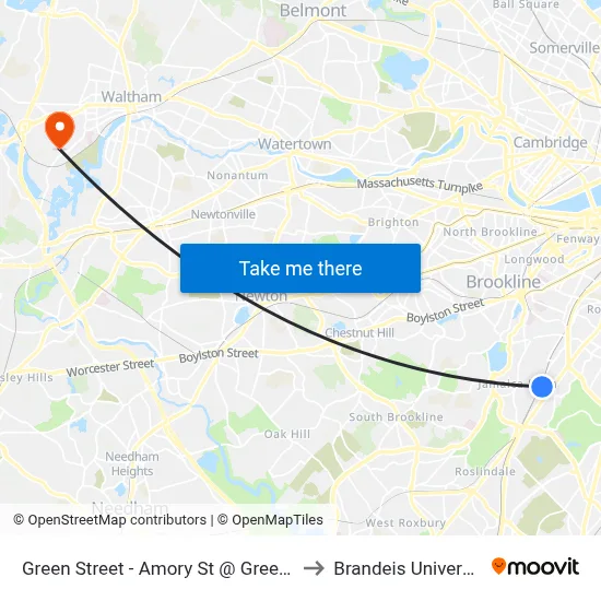 Green Street - Amory St @ Green St to Brandeis University map
