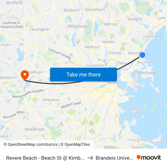 Revere Beach - Beach St @ Kimball Ave to Brandeis University map