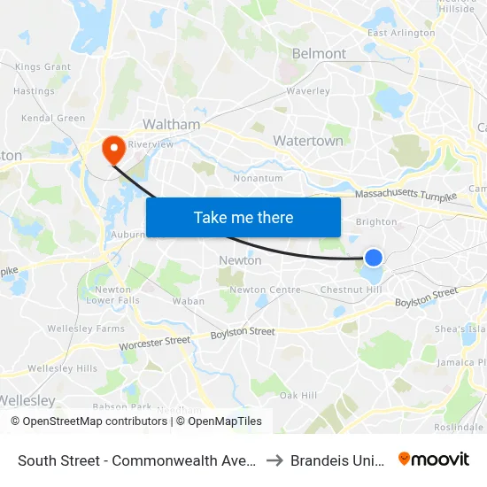 South Street - Commonwealth Ave @ South St to Brandeis University map