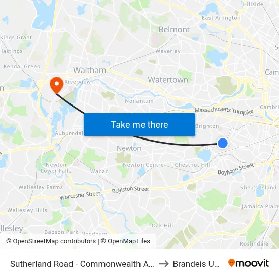 Sutherland Road - Commonwealth Ave @ Colborne Rd to Brandeis University map