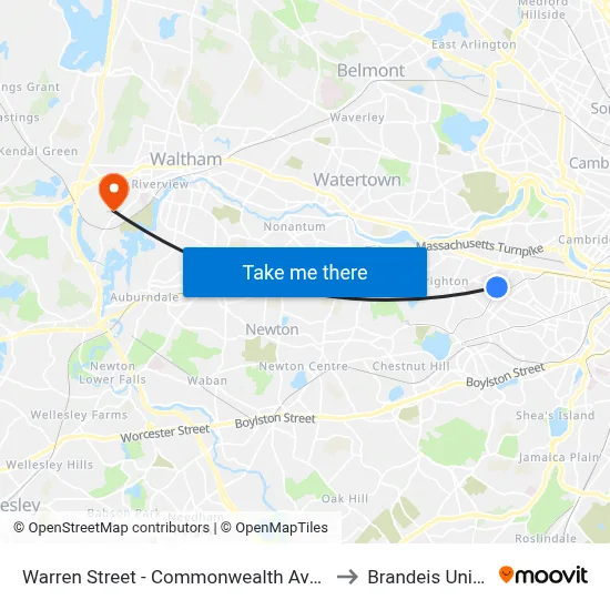 Warren Street - Commonwealth Ave @ Kelton St to Brandeis University map