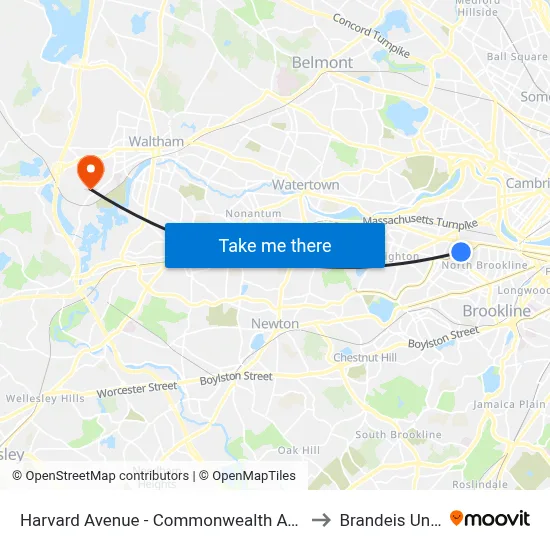 Harvard Avenue - Commonwealth Ave @ Harvard Ave to Brandeis University map