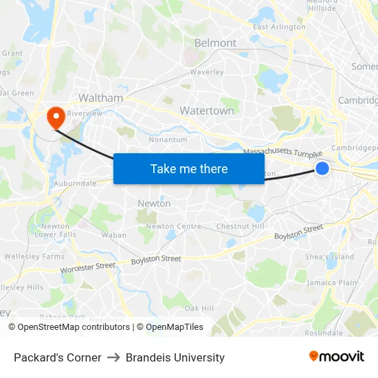 Packard's Corner to Brandeis University map